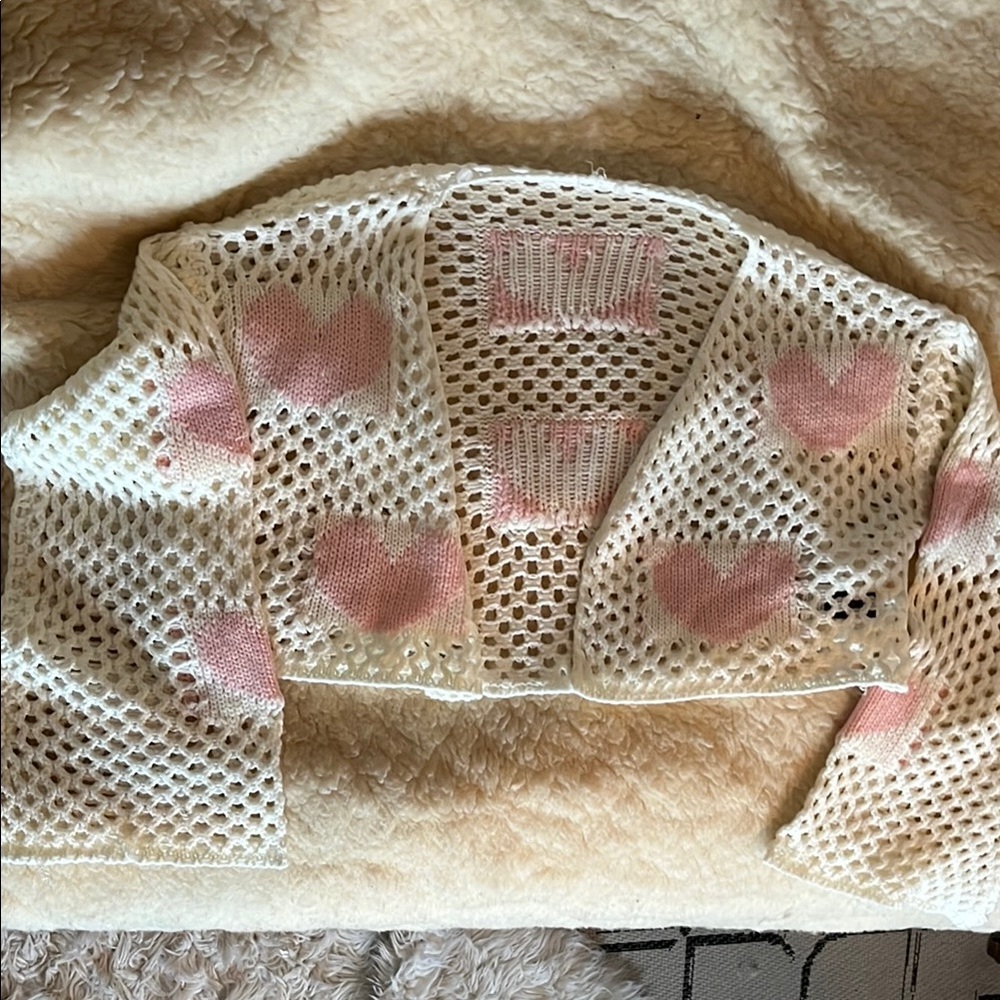 White and Pink Heart Mesh Cardigan with oversized sleeves cropped cardigan.